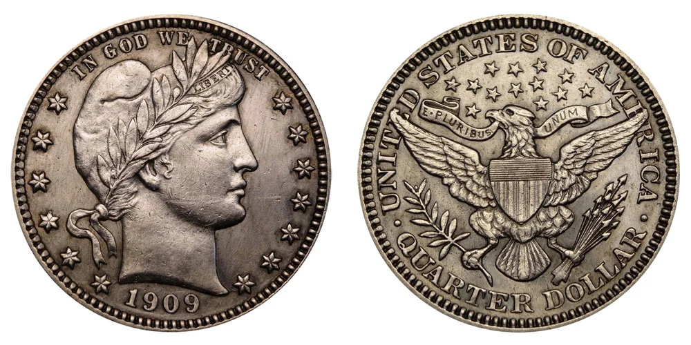 1909-O Barber Quarter obverse and reverse composite showing Liberty portrait and O mintmark