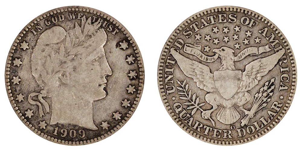 Side-by-side comparison of 1909 Philadelphia (no mintmark) versus 1909-O Barber Quarter reverse showing O mintmark