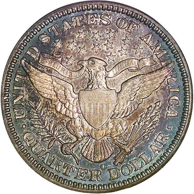 1909-O Barber Quarter reverse showing O mintmark below eagle tail feathers