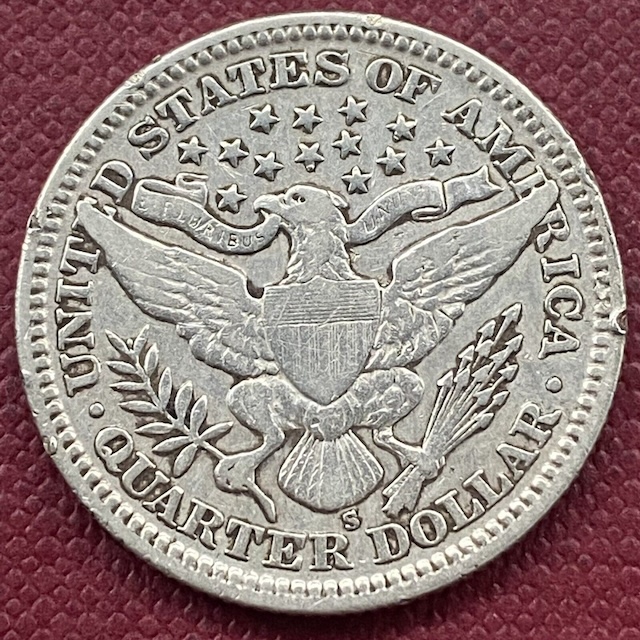 1909-S Barber Quarter reverse with S mintmark below eagle's tail feathers