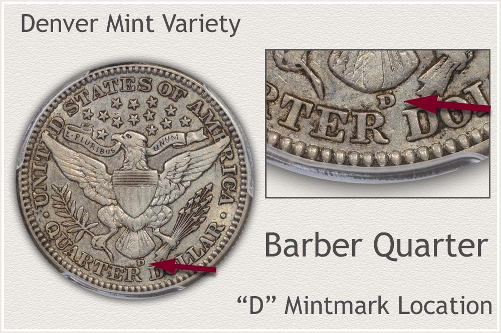 1909-D Barber Quarter reverse showing repunched D mintmark under magnification