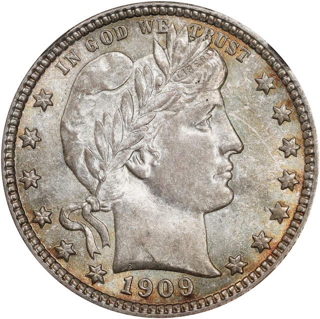 1909 Barber Quarter obverse showing doubled die doubling on IN GOD WE TRUST motto letters