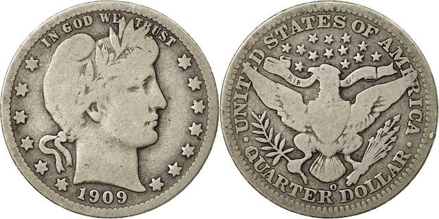 Group of 1909 Barber Quarters from all four mints - Philadelphia, Denver, New Orleans, San Francisco