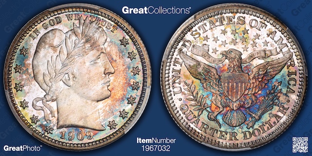 1909 Barber Quarter grading strip showing four condition tiers from heavily worn to gem mint state